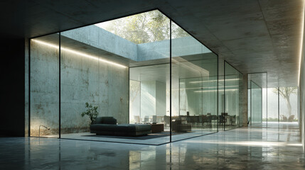 Modern Office Interior with Concrete Walls, Glass Partitions, and Natural Light from Above, Featuring Minimalist Furniture and a Serene Atmosphere for a Contemporary Workspace Design