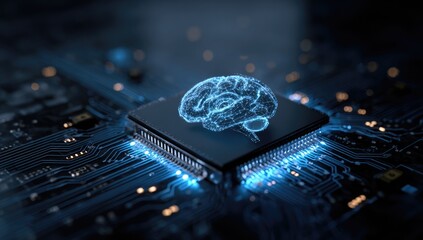 AI brain on a microchip, symbolizing artificial intelligence and technological advancement