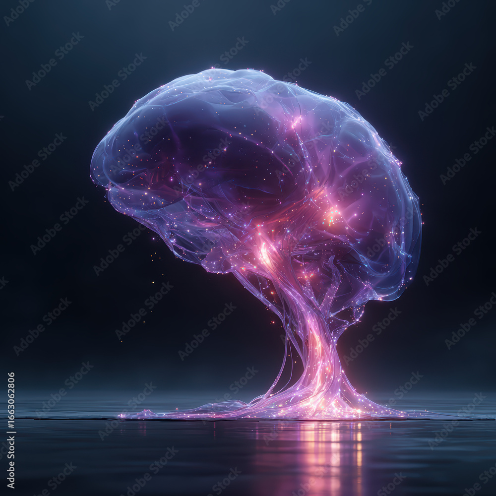 Poster abstract glowing brain illustration with neural network connections, artificial intelligence concept