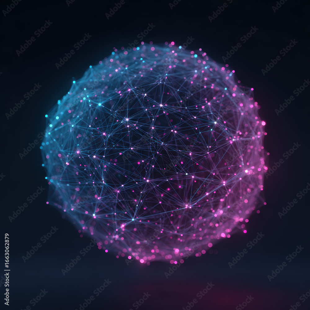 Poster abstract network sphere with glowing nodes and lines in blue and pink, representing connectivity, da