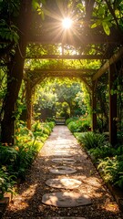 Obraz premium Sunlit garden path under a pergola