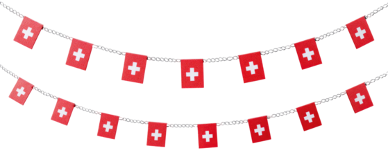 Chain of Decorative Swiss Flags Front View on Transparent Background