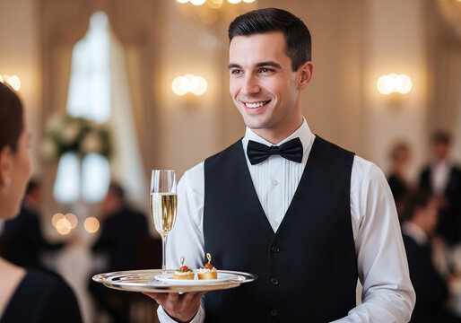 Smiling waiter in formal attire holding a tray with champagne and appetizers at a fancy event venue - Powered by Adobe