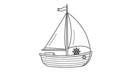 Little cute Ship Baby Toy in outline style. Vintage vector illustration of Sailboat for kid game. Laine art in black and white colors. Drawing of little sail Boat on isolated background.