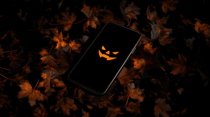 Obraz premium Jack O Lantern pumpkin eyes and mouth on black mobile screen display - Halloween Concept
