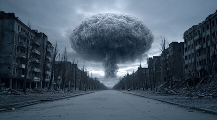 Destroyed city with nuclear mushroom cloud, post apocalyptic war concept