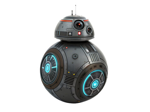 Spherical Robot with Glowing Blue Vents and Red Eye Sensors droid Star Wars isolated on a transparent background