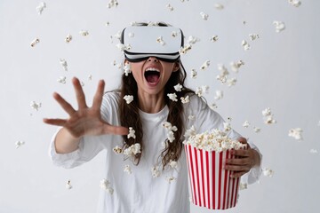 Joyful woman reaching out with vr headset, white background popcorn cinema concept