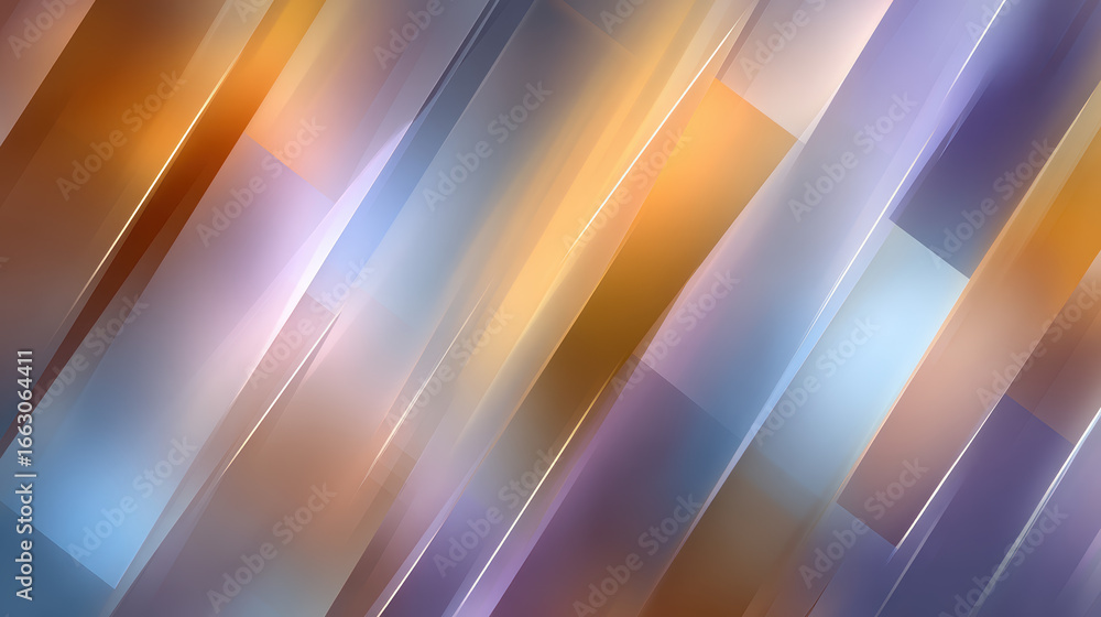 Poster abstract geometric background with diagonal lines and rectangles in shades of orange, blue, and purp