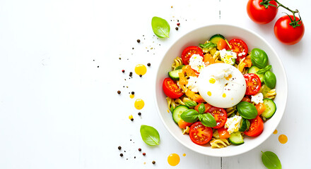 Fresh and vibrant burrata salad with cherry tomatoes corn and cucumber on a white background overhead view