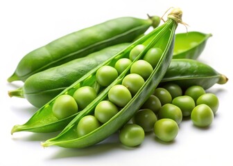 Fresh green peas on a white background with a focus on individual pods and delicate texture