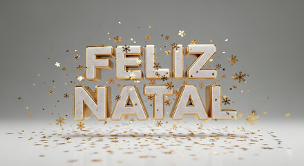 Feliz natal text with golden outline and snowflake confetti on a light gray background