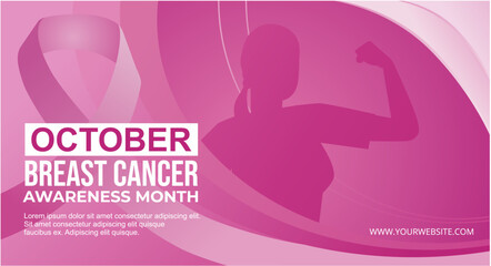 October is Breast Cancer Awareness Month Vector Illustration Banner with Strong Woman Silhouette and Pink Gradient Background. 