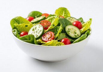 A vibrant salad with fresh greens tomatoes and cucumbers in a white bowl on a plain background