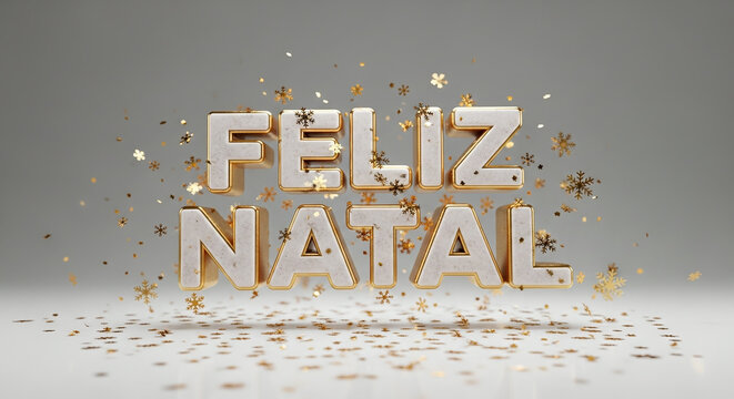 Feliz natal text with golden outline and snowflake confetti on a light gray background