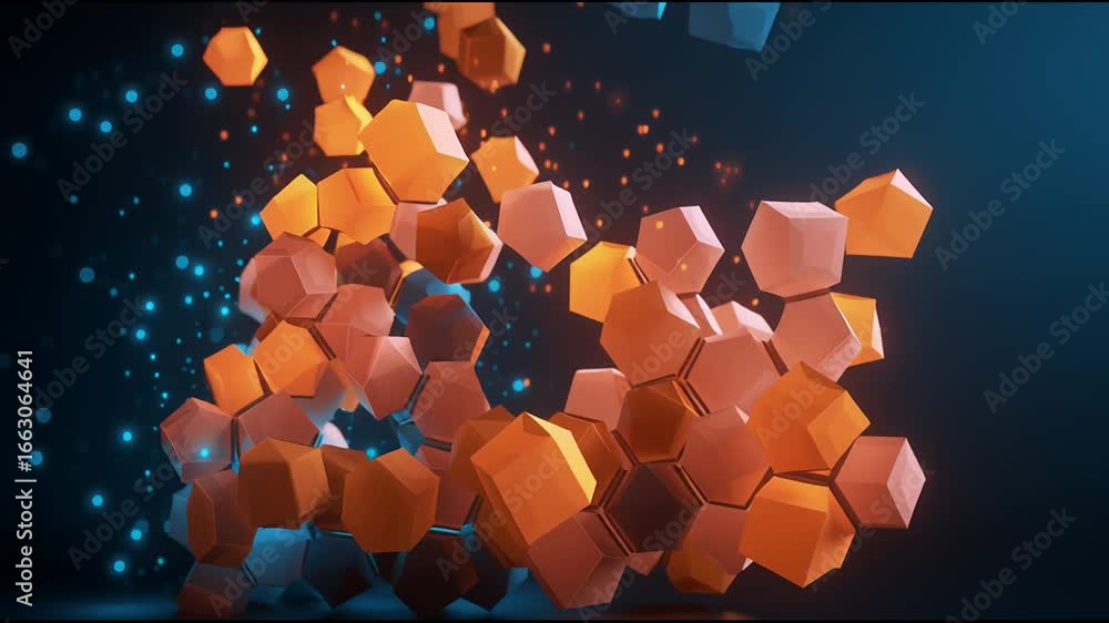 Poster dynamic hexagonal shapes collide and transform in an abstract digital animation showcasing vivid col