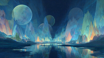 A fantastic alien frontier with surreal symmetry, where colossal crystalline forests rise from black volcanic plains. The sky is alive with fractured auroras in impossible hues, bending across twin