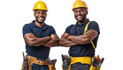 Two smiling construction workers with hard hats and tool belts isolated on transparent background