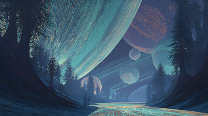 A fantastic alien frontier with surreal symmetry, where colossal crystalline forests rise from black volcanic plains. The sky is alive with fractured auroras in impossible hues, bending across twin
