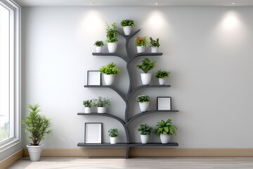 Tree shaped wall shelf with plants, modern interior decor concept