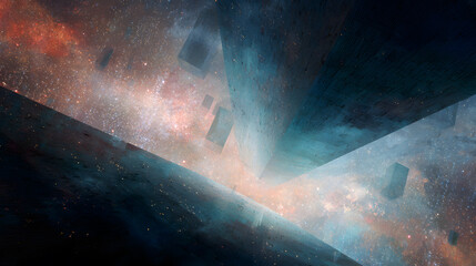 A surreal space frontier reveals a colossal gateway carved into the side of an asteroid, glowing with shifting colors of plasma. Strange geometric fragments float freely around the gateway,