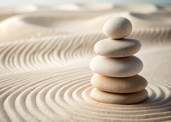 Zen Stones Balance Stack on Smooth White Sand Calm Shadows Minimal Photo Studio Light Background