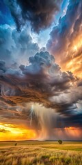 Fototapeta premium Severe storm with heavy rain and hail on the open plains at sunset