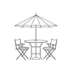 beach chairs and umbrella, patio table with umbrella cafe chair table umbrella icon vector on white background