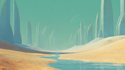 A vast sci-fi desert of silver sands glows under a green-tinted sky filled with massive hovering orbs. Towering alien spires cast elongated shadows across the horizon, their surfaces carved with