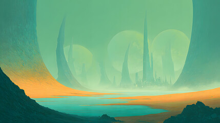 A vast sci-fi desert of silver sands glows under a green-tinted sky filled with massive hovering orbs. Towering alien spires cast elongated shadows across the horizon, their surfaces carved with
