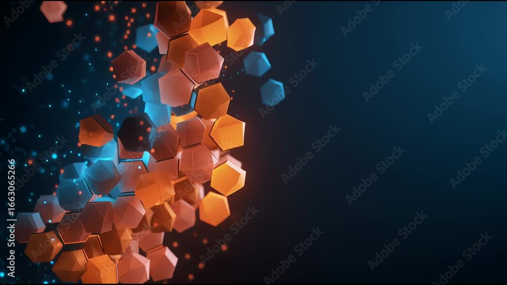 Poster abstract geometric shapes floating in space with vibrant colors and glowing effects during an artist