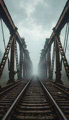 Obraz premium Railway tracks vanishing into the fog under a steel bridge