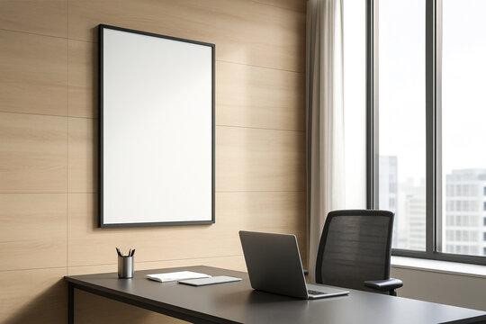 Vertical black frame mockup, modern minimalist office interior, professional workspace concept, wide angle corporate environment, interior design background - Powered by Adobe
