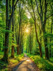 Obraz premium Serene forest dirt path illuminated by dappled sunlight filtering through leaves and trees