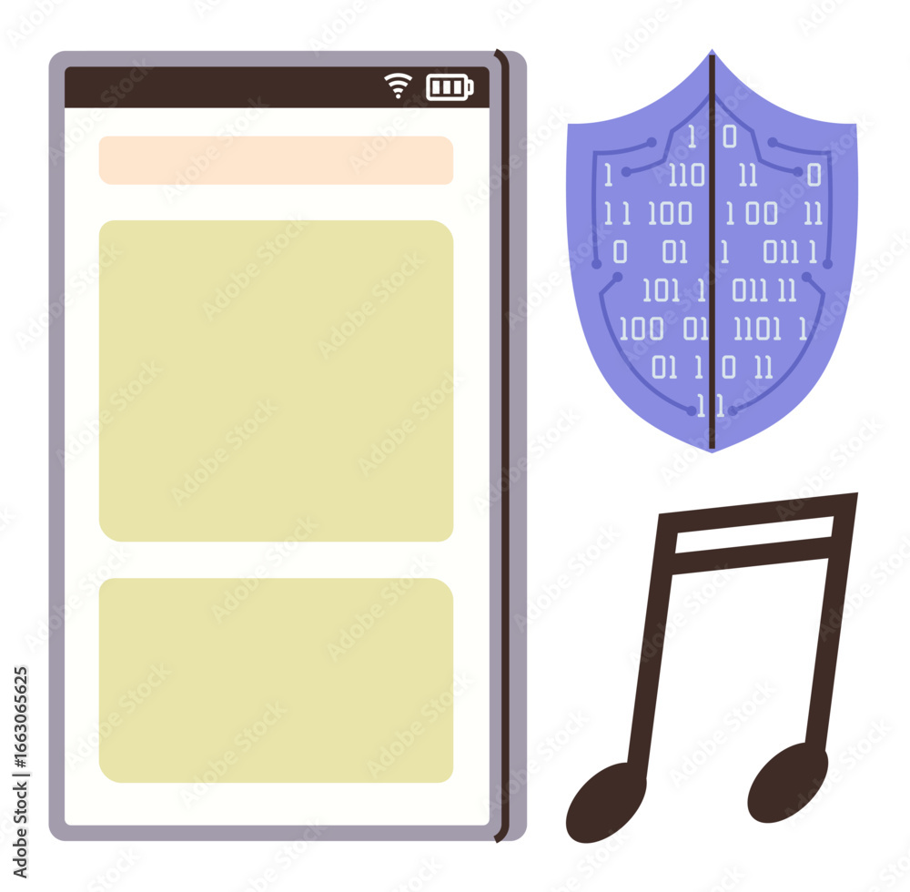 Poster smartphone interface alongside a shield with binary code and a music note, emphasizing secure music 