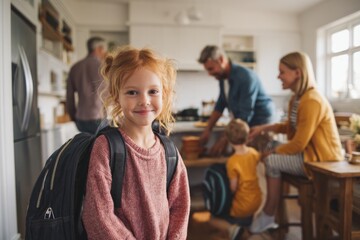 diverse family helping their daughter getting  ready for the first day of school in the morning packing lunches, putting on backpacks at home. Parents and children smiling, candid lifestyle.