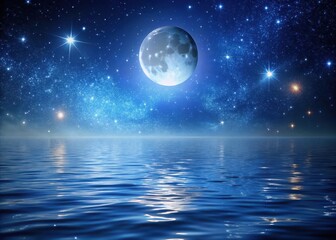 Dark blue waters reflect starry night sky with twinkling stars and a full moon overhead