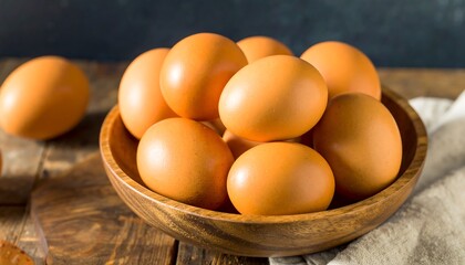 Fresh brown eggs in a wooden bowl