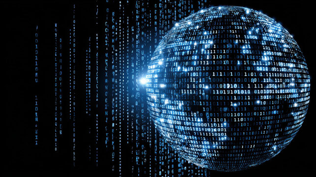 Digital Sphere with Binary Code and Falling Letters on Black Background, Abstract Technology Concept, Data Stream, Artificial Intelligence, Futuristic Design, Global Network, Cyber Security, Coding - Powered by Adobe