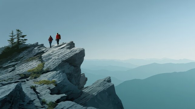 Stylized vector art of two hikers in scenic landscape - Powered by Adobe