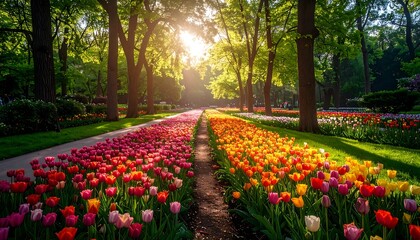 Sunlit park path lined with colorful tulips