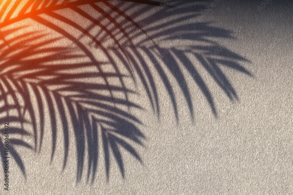 Poster intricate interplay of light and shadow from palm fronds projecting on a textured wall creating a se