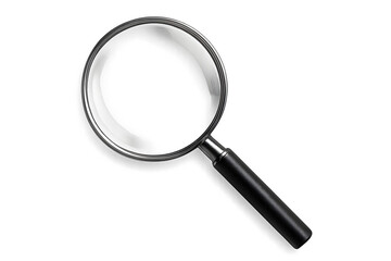 Magnifying glass with clear glass lens and metallic rim elements, isolated on transparent background, stock search symbol PNG cutout graphics