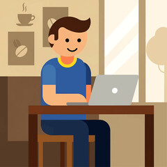 Fototapeta premium Illustration of a man working on a laptop in a cafe setting.