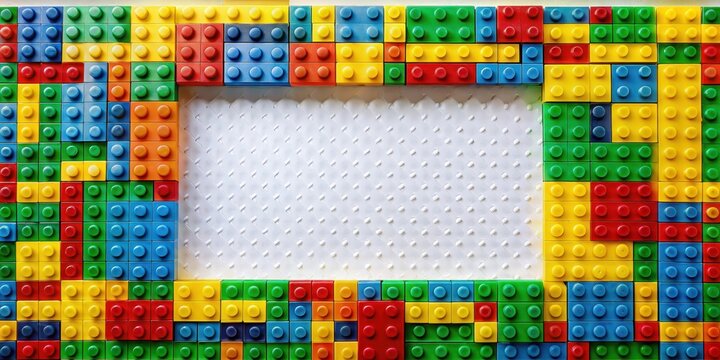 A mosaic pattern made from various shapes and colors of Lego blocks on a plain white surface