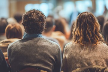 town hall meeting. parents teacher conference at school, parents sitting with their backs towards the camera, neutral color palette, realistic photography style