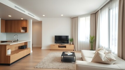 Modern apartment interior with clean design, neutral tones, and soft natural lighting.
