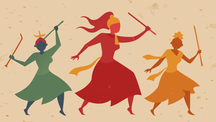 Fototapeta premium Indian women dancing with sticks during Garba or Dandiya festival in colorful traditional outfits, flat artistic style
