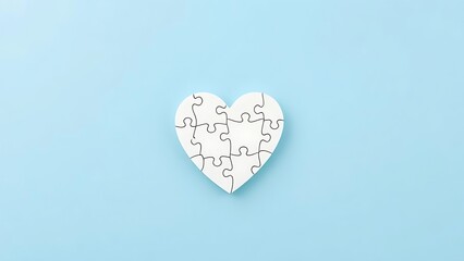 Heart-shaped puzzle on a light blue background, symbolizing autism awareness with soft overhead light.