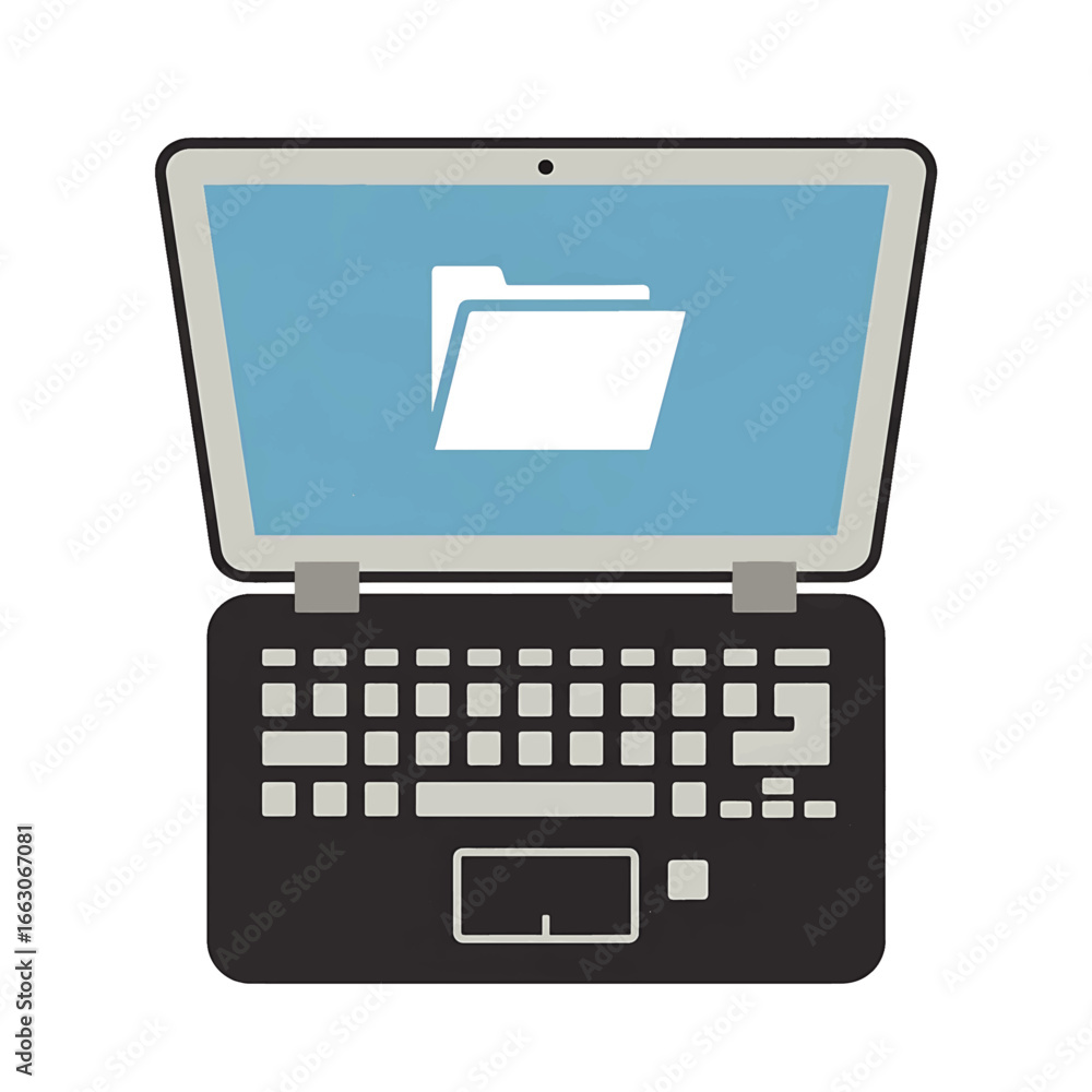 Fototapete laptop computer with a folder icon displayed on the screen, representing data storage.
